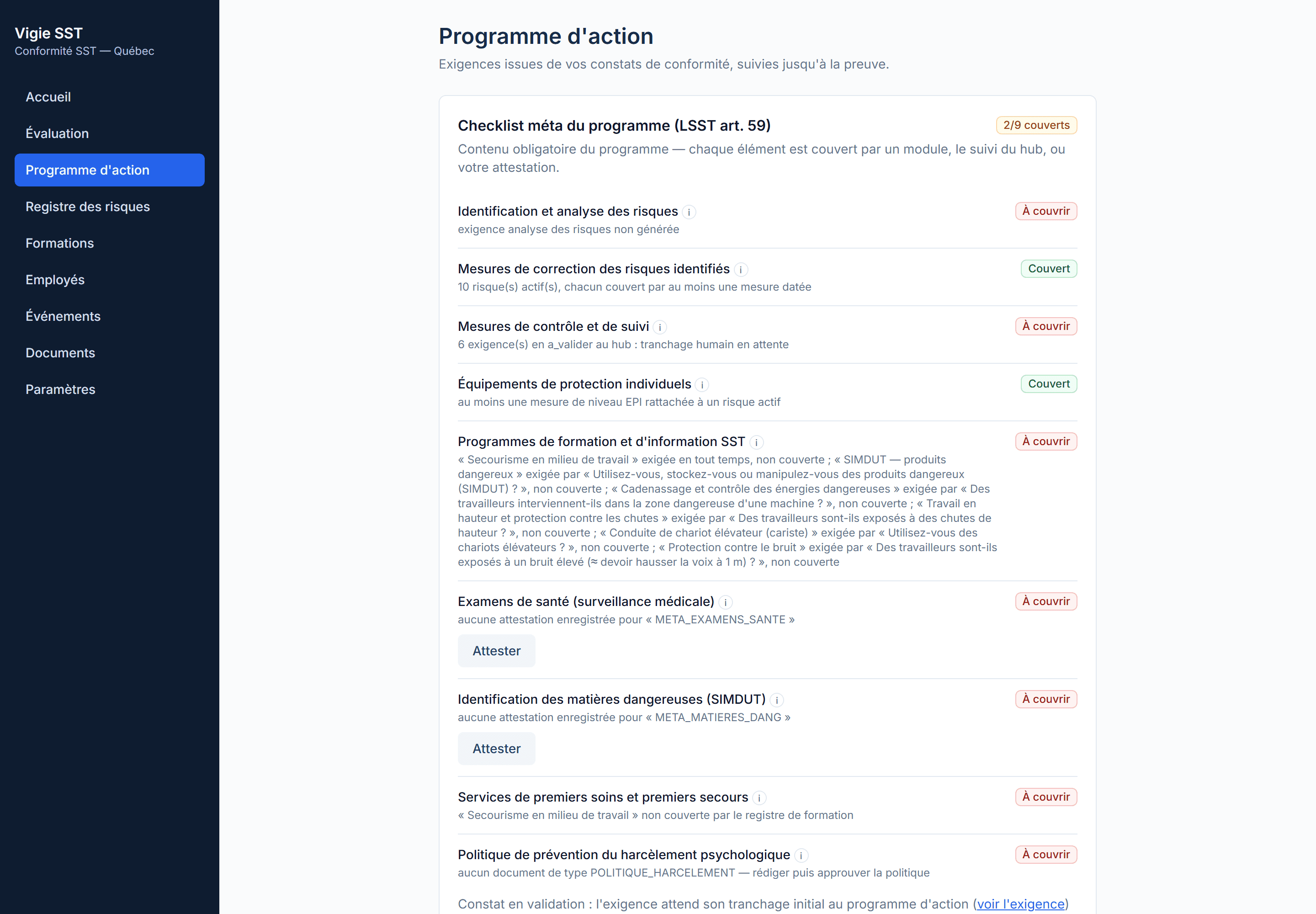 Plan d'action dans Vigie SST : couverture du programme et suivi élément par élément